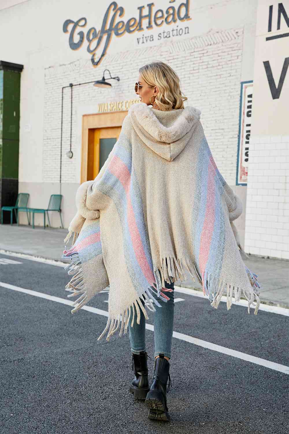 Color Block Fringe Detail Poncho