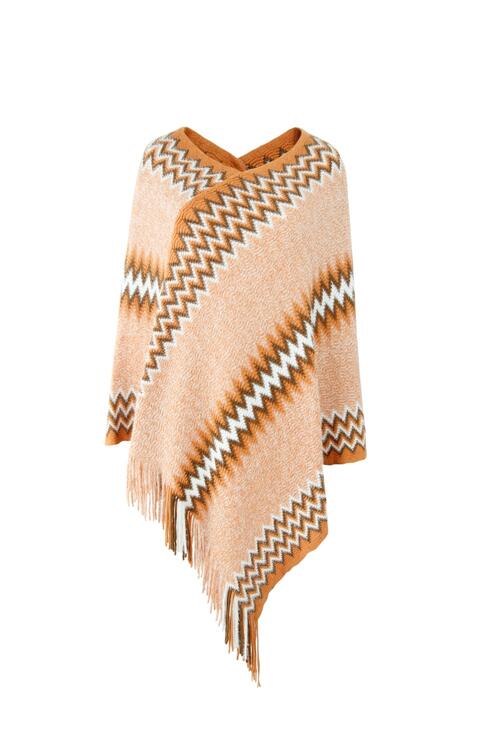 Fringe Hem Striped Cape Sleeve Poncho