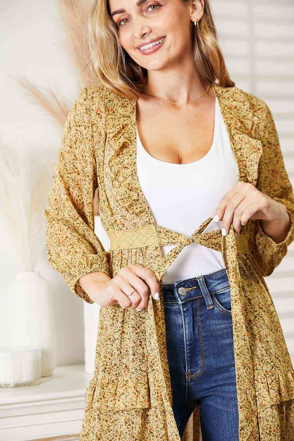 Tie Front Ruffled Duster Cardigan