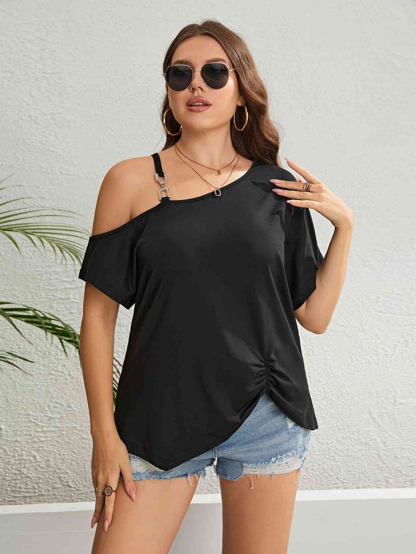 Plus Size Asymmetrical Neck Ruched Short Sleeve Blouse