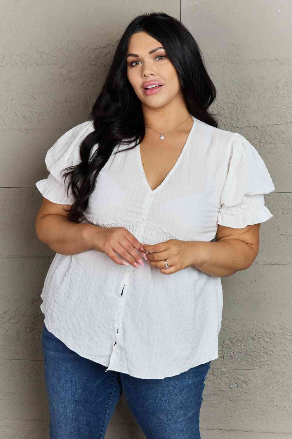 Sweet Serenity V-Neck Puff Sleeve Button Down Top