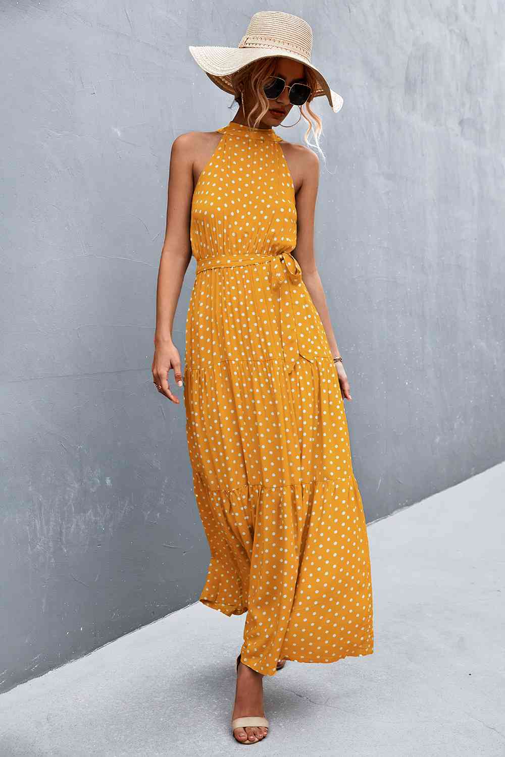 Printed Sleeveless Tie Waist Maxi Dress