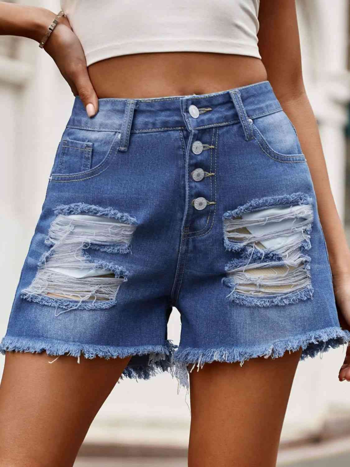 Raw Hem Denim Shorts with Pockets