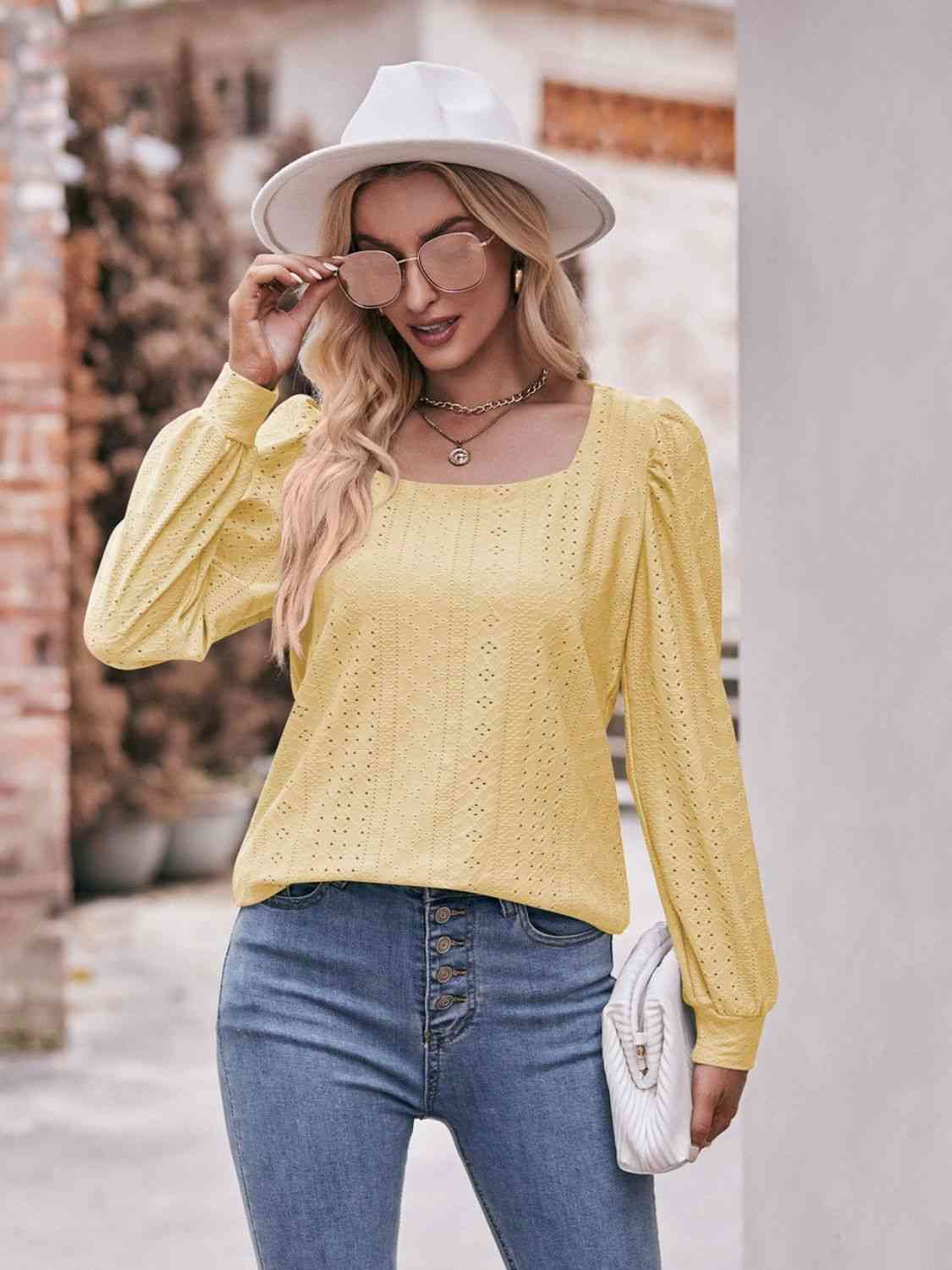 Double Take Eyelet Square Neck Puff Sleeve Blouse