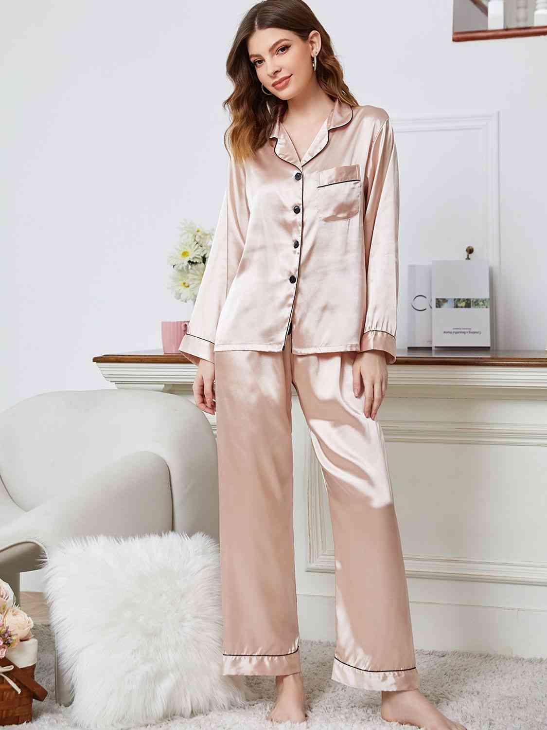 Lapel Collar Long Sleeve Top and Pants Pajama Set