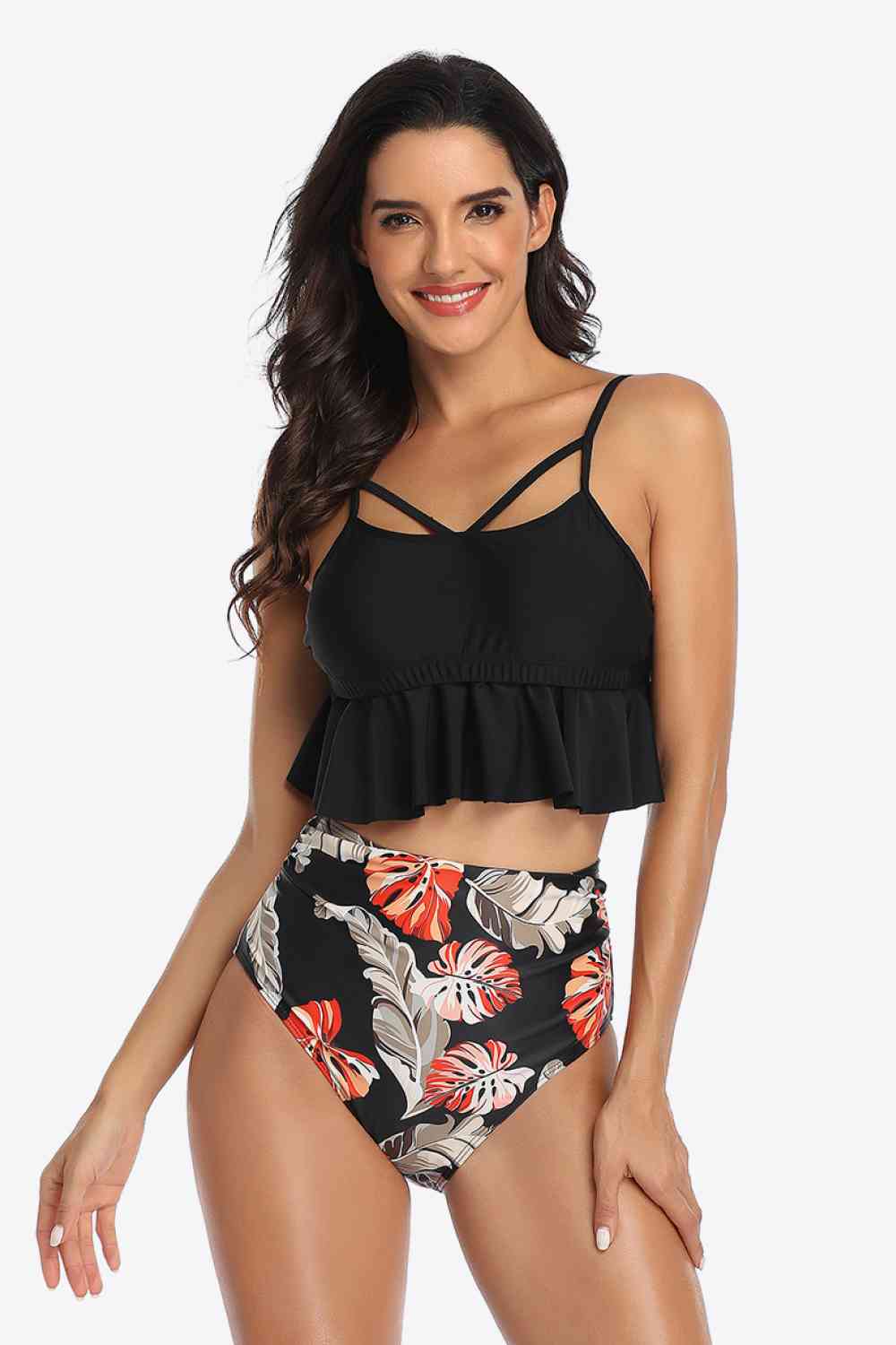 Tropical Print Ruffled Two-Piece Swimsuit