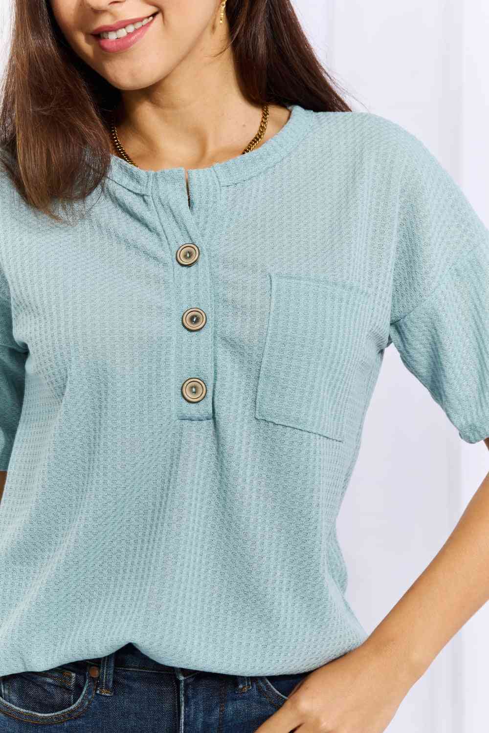 Made For You 1/4 Button Down Waffle Top in Blue