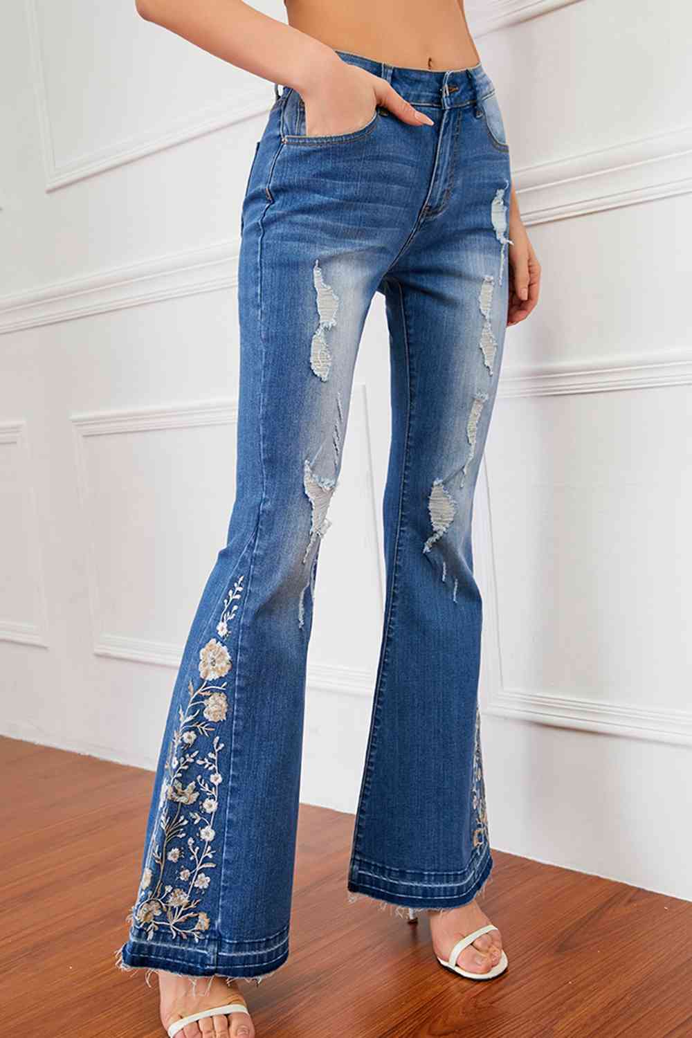 Full Size Flower Embroidery Distressed Jeans