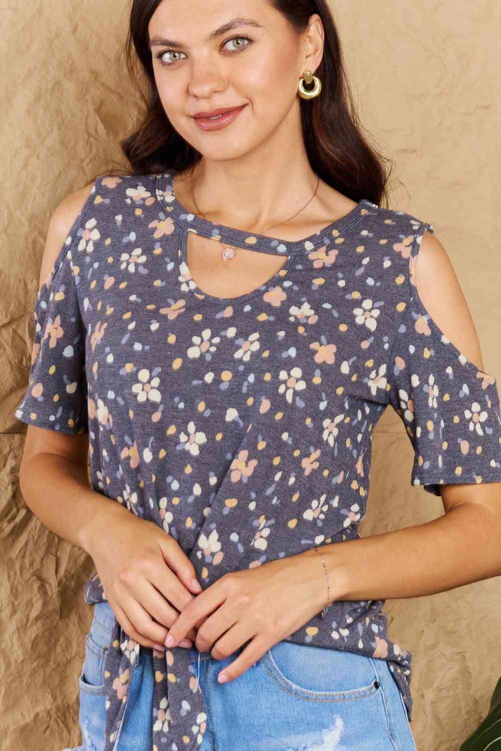 On My Own Cold Shoulder Keyhole Floral Print Top