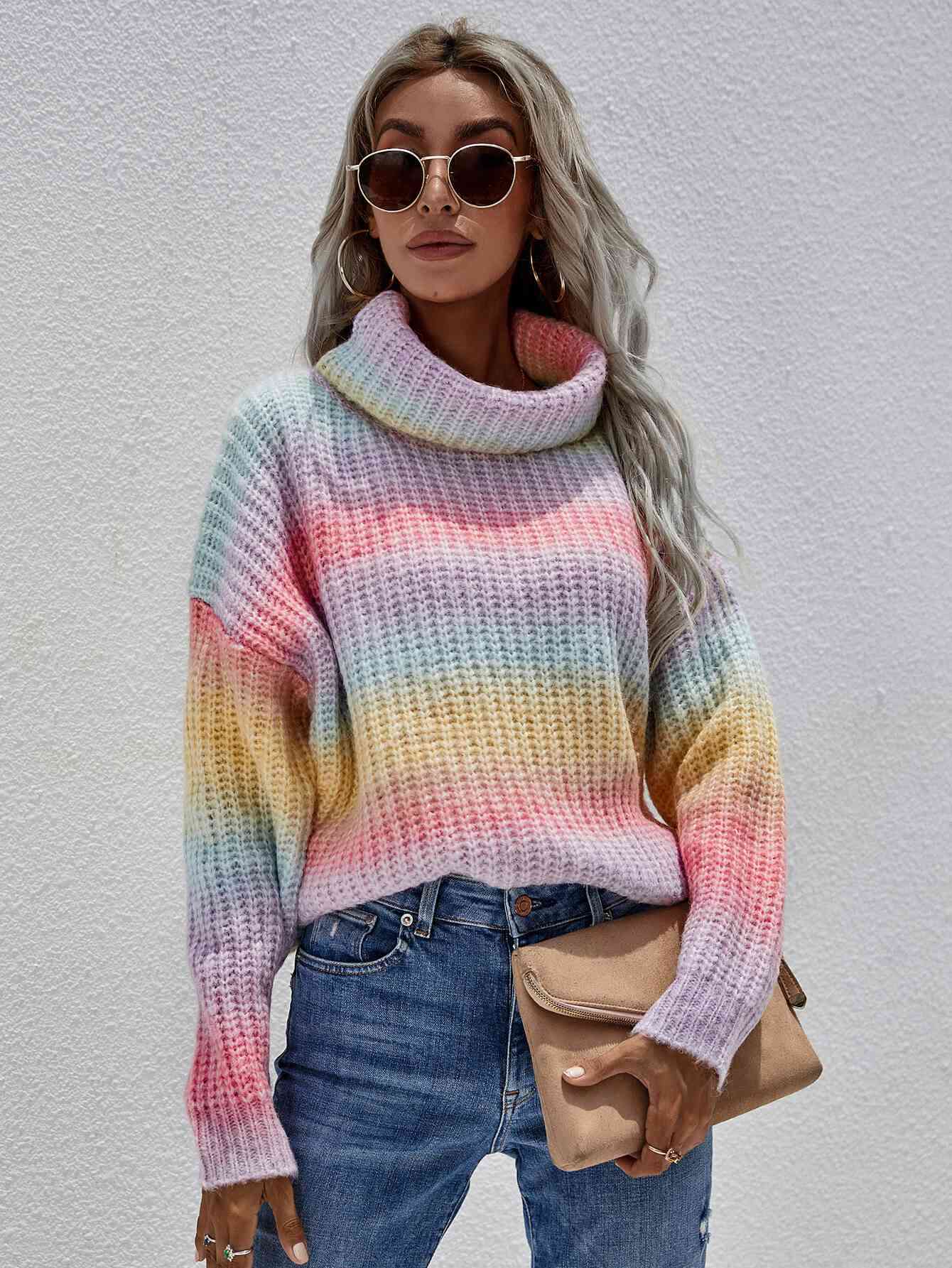 Rainbow Rib-Knit Turtleneck Drop Shoulder Sweater