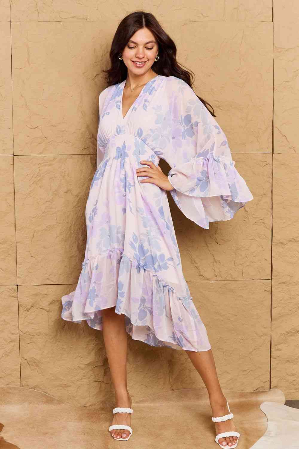 Take Me With You Floral Bell Sleeve Midi Dress in Blue