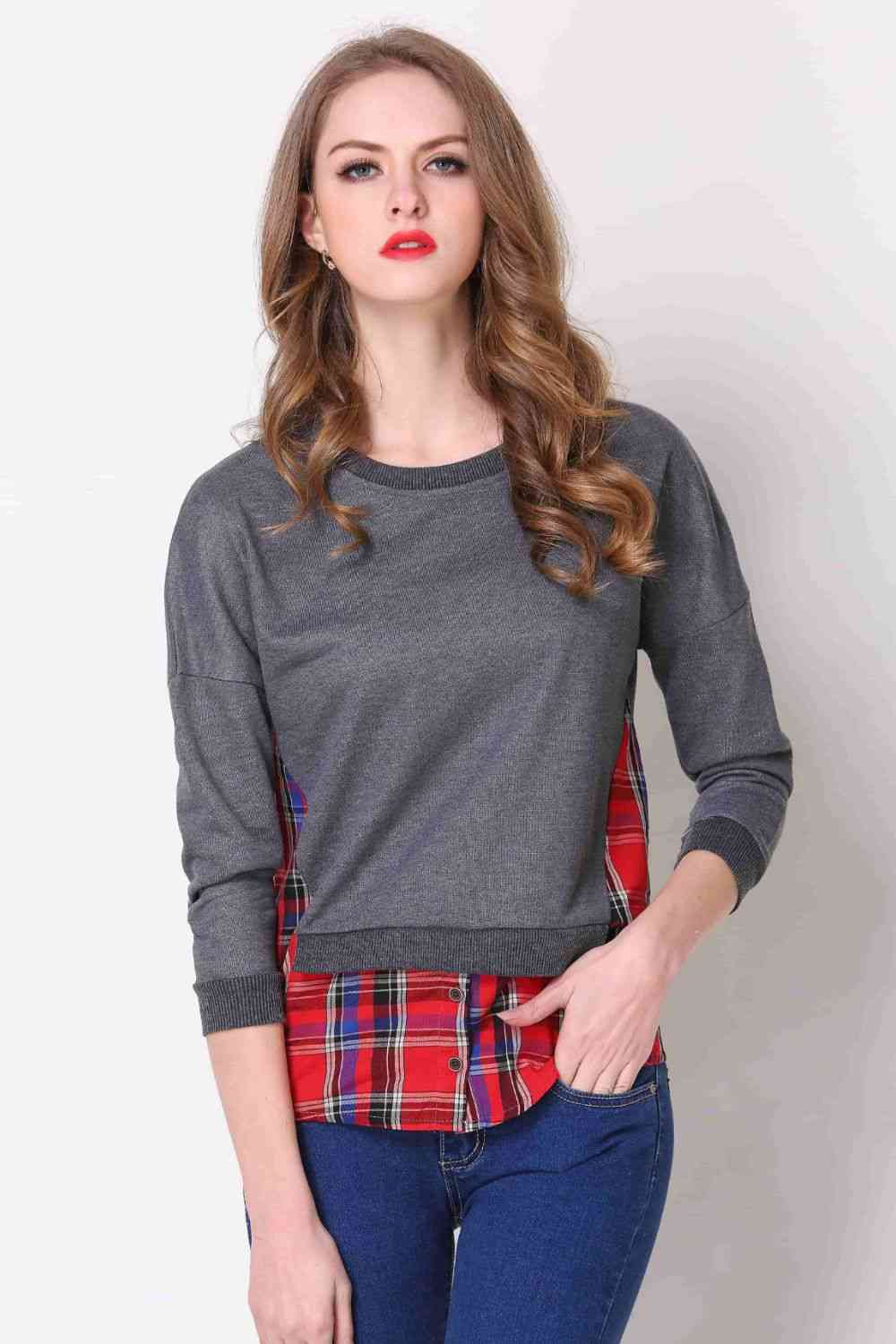 Full Size Plaid Patch Drop Shoulder Round Neck Top