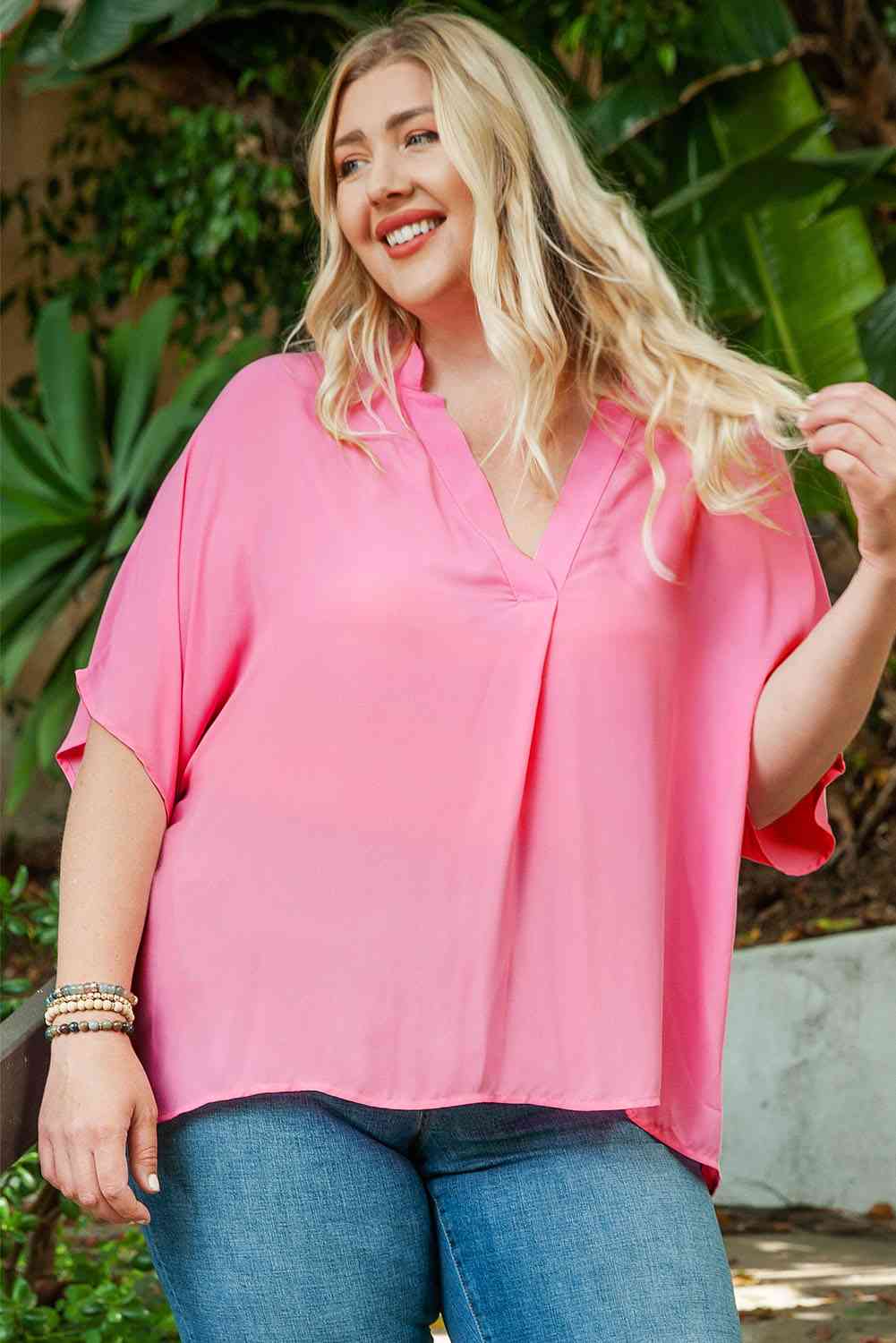 Plus Size Notched Neck Half Sleeve Blouse