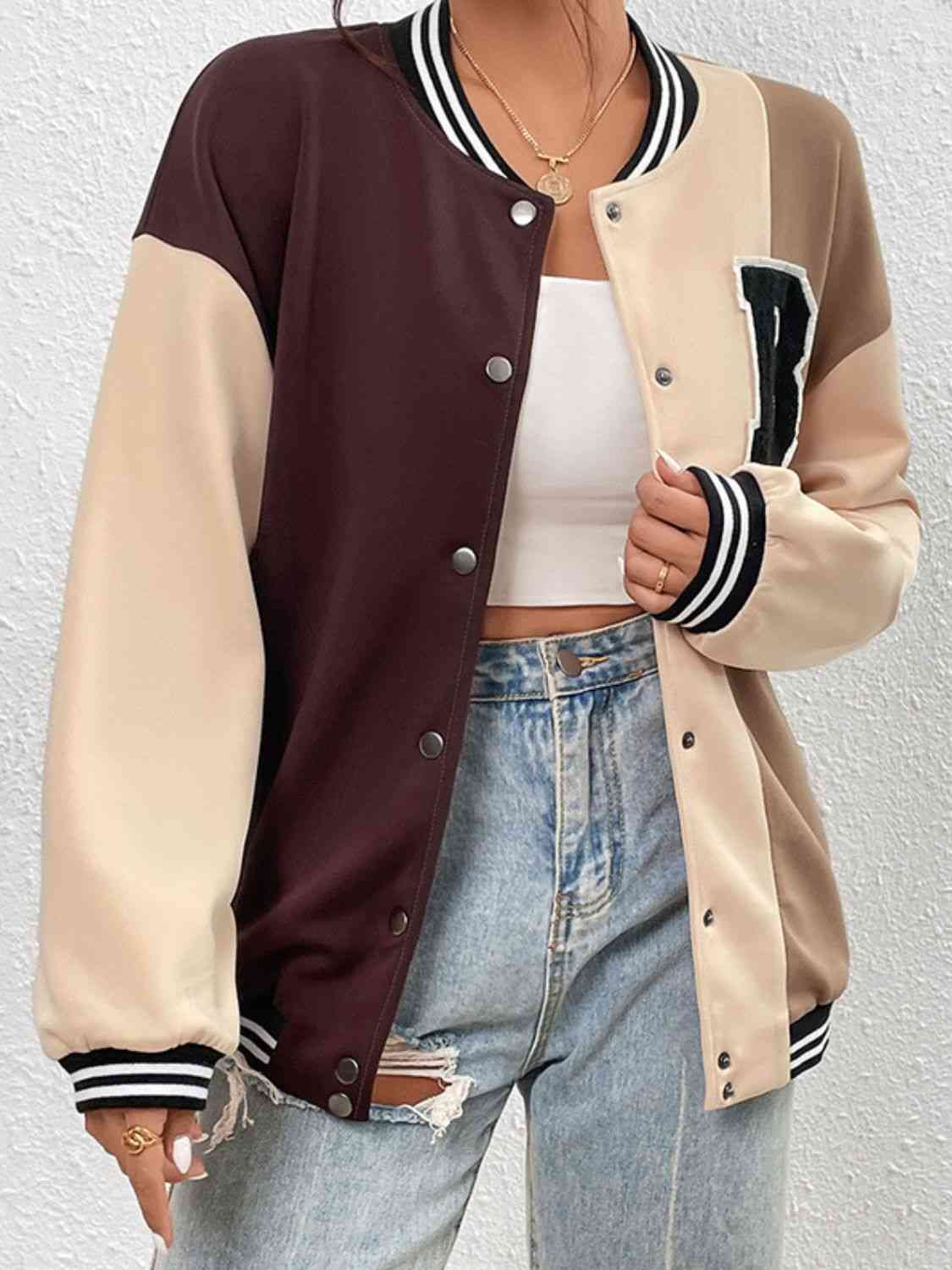 Graphic Color Block Snap Down Bomber Jacket