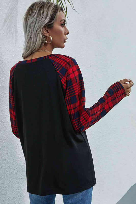 Double Take Plaid Print Long Raglan Sleeve Tee