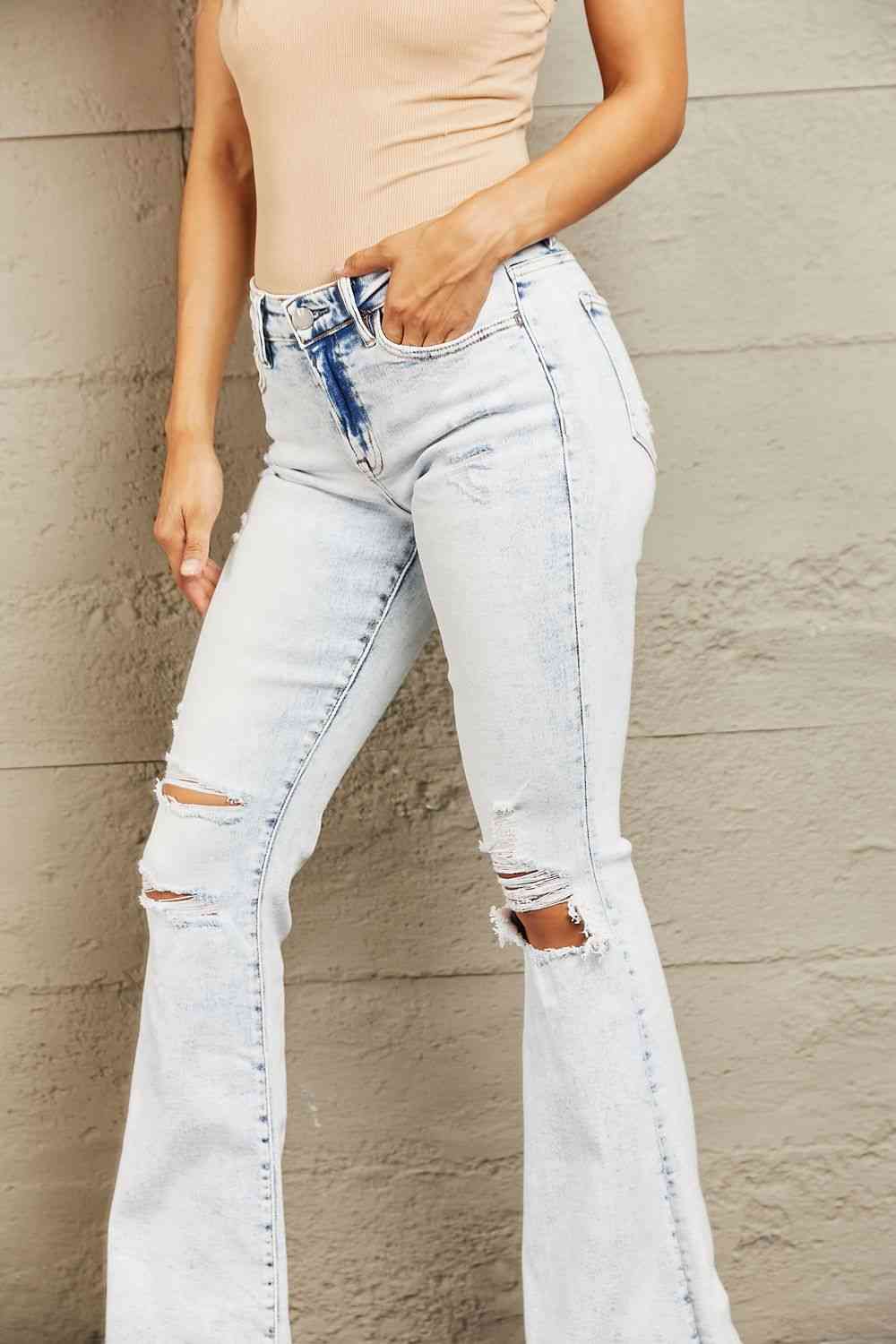 Mid Rise Acid Wash Distressed Jeans