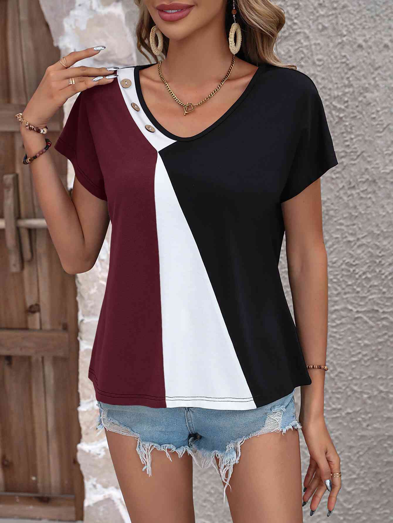 Color Block Decorative Button V-Neck Tee