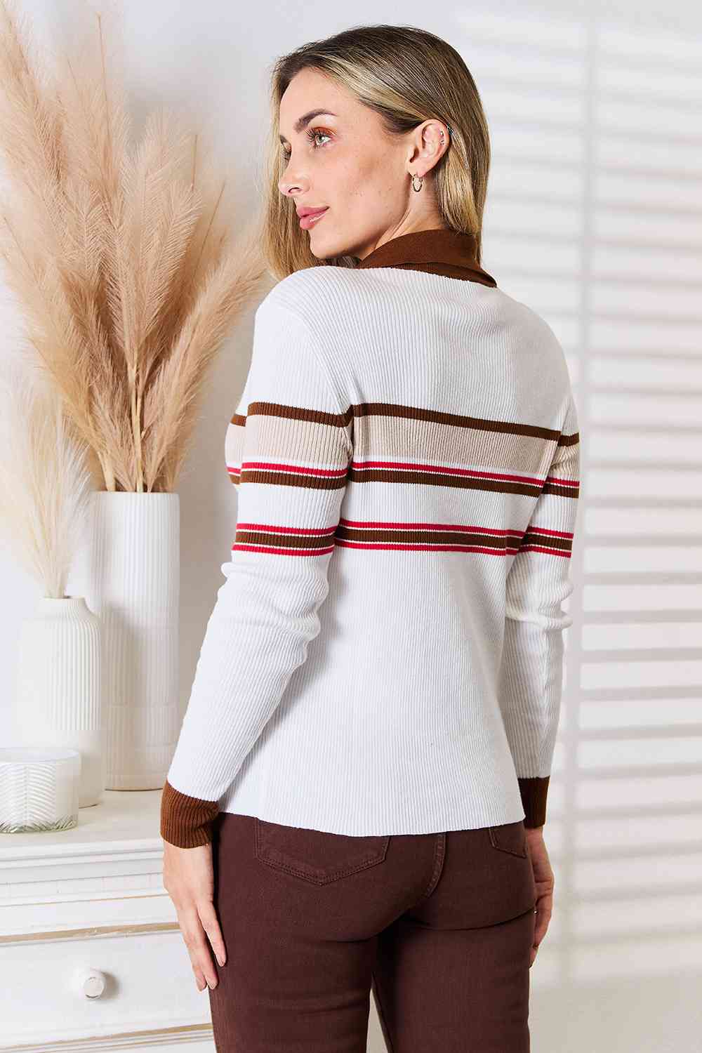 Striped Collared Neck Rib-Knit Top