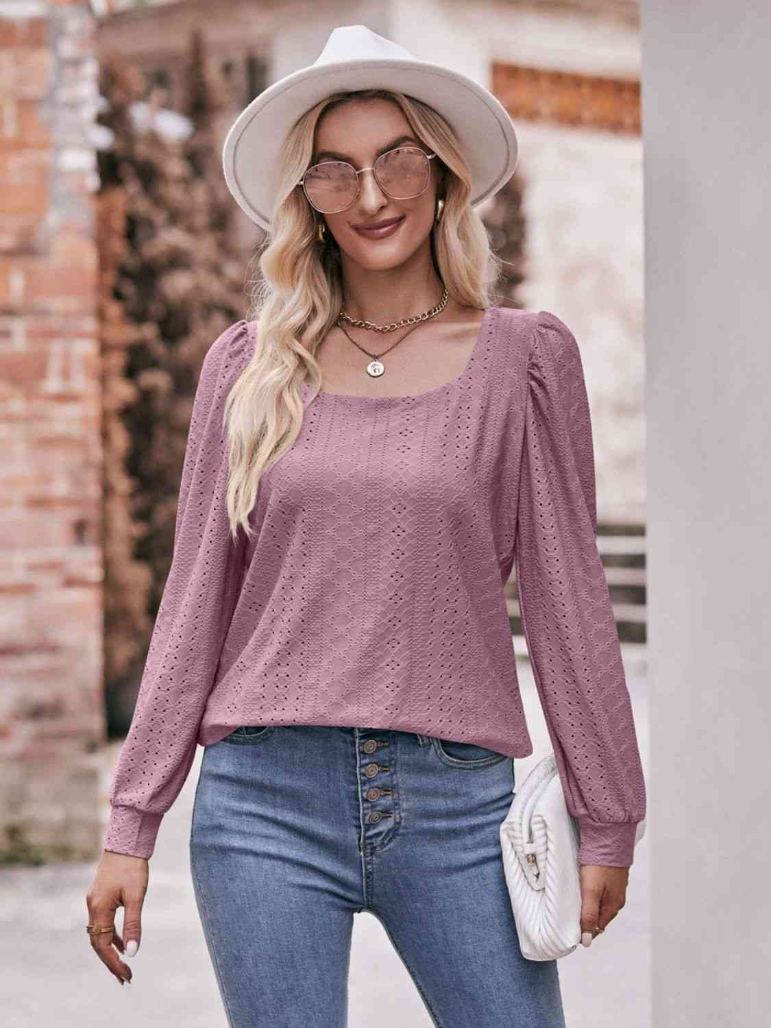 Double Take Eyelet Square Neck Puff Sleeve Blouse