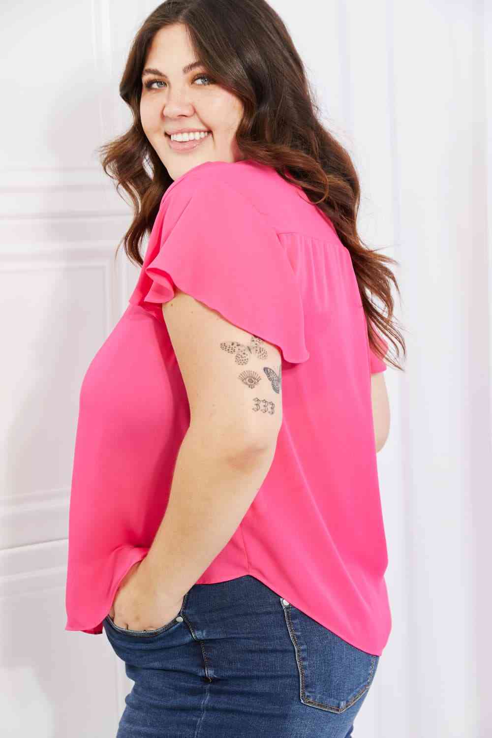 Just For You Short Ruffled Sleeve Length Top in Hot Pink