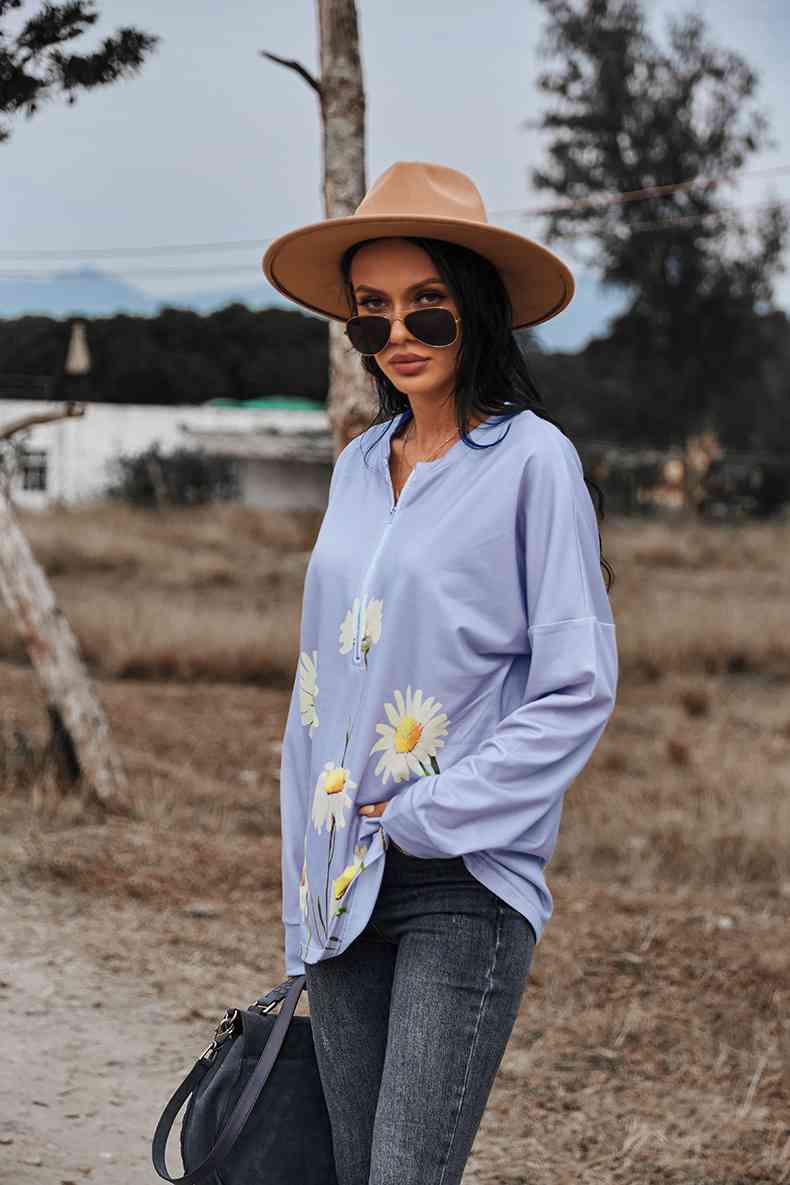 Floral Print Long Sleeve Zipper Front Sweatshirt