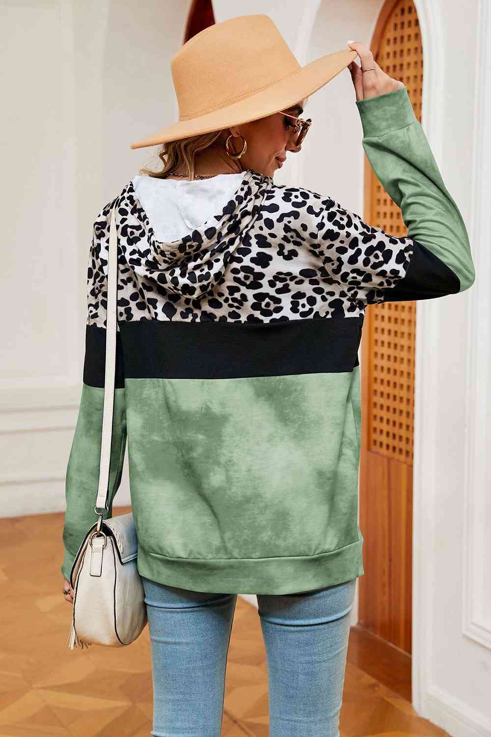 Leopard Drawstring Hoodie with Pocket