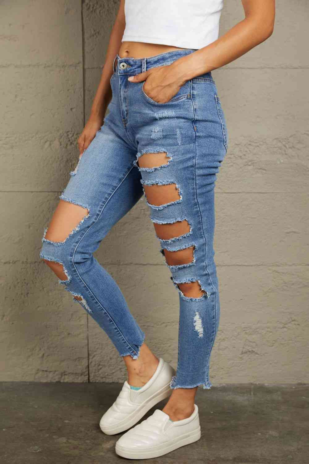 Baeful Distressed Raw Hem Skinny Jeans