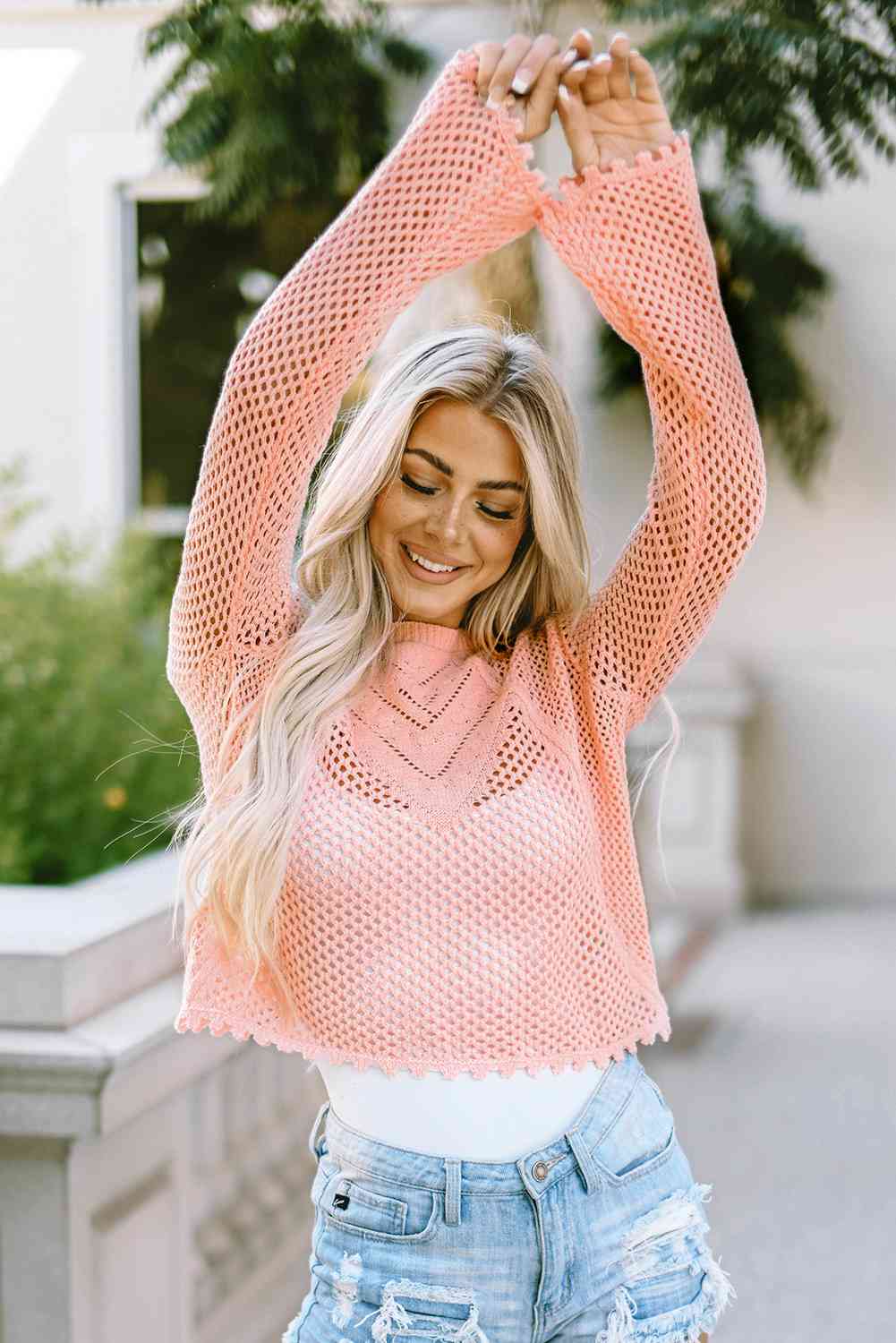 Openwork Round Neck Long Sleeve Knit Top