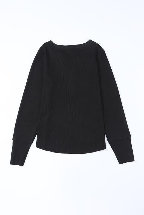 Waffle Knit Buttoned Notched Neck Long Sleeve T-Shirt