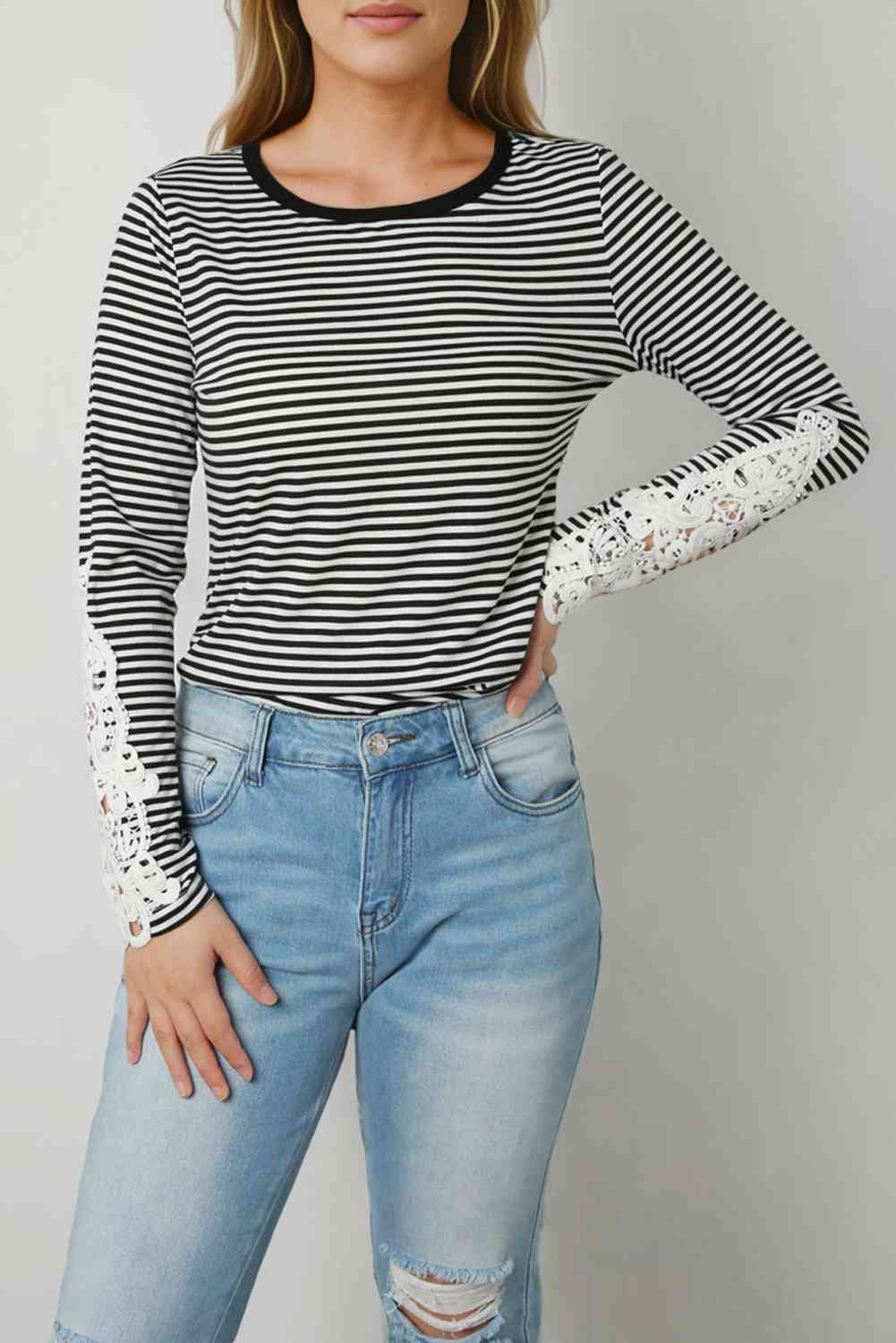 Striped Round Neck Long Sleeve Lace Trim T-Shirt