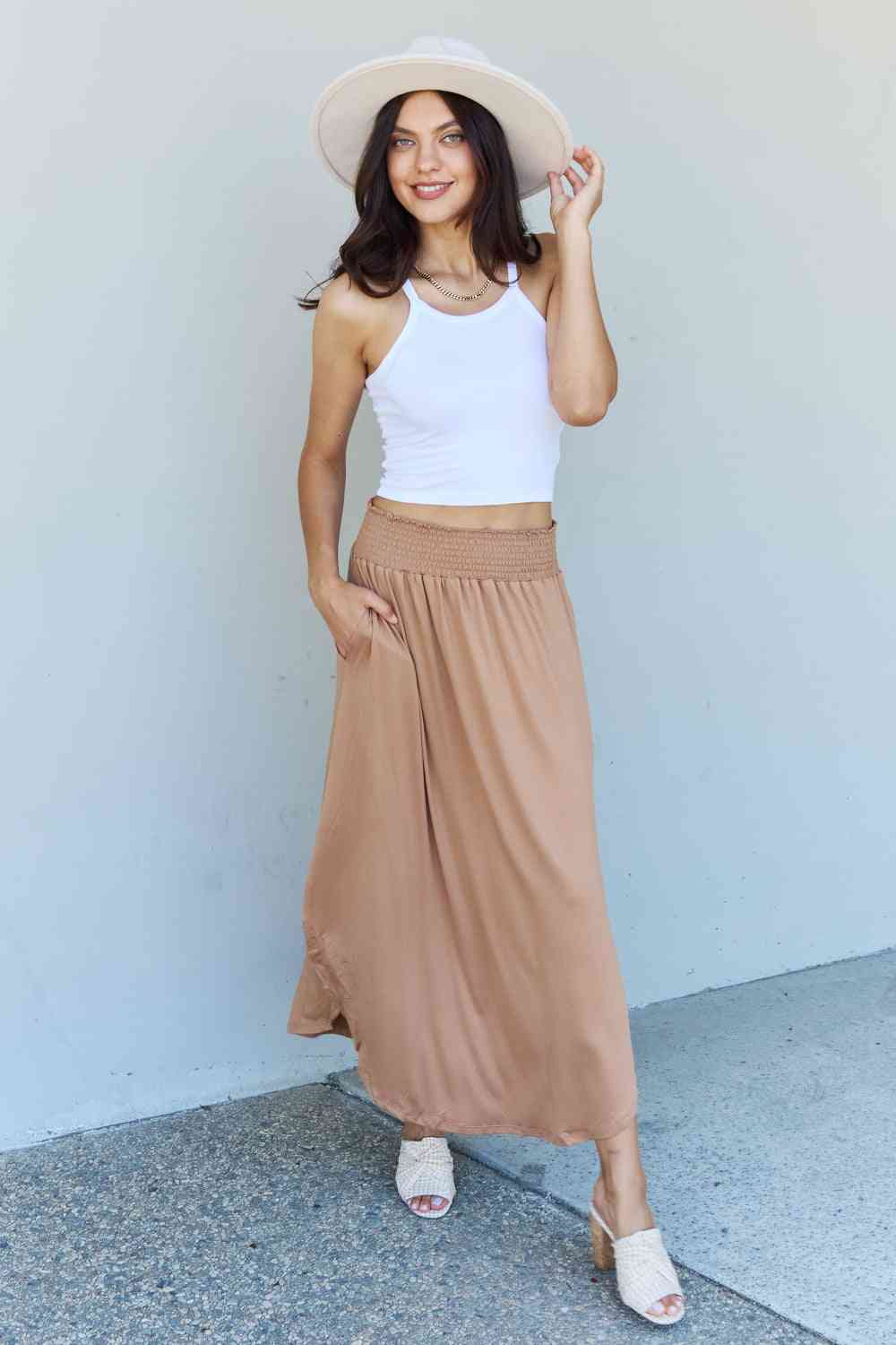 Doublju Comfort Princess High Waist Scoop Hem Maxi Skirt in Tan