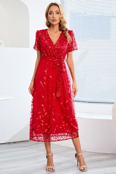 Sequin Leaf Embroidery Tie Front Short Sleeve Dress