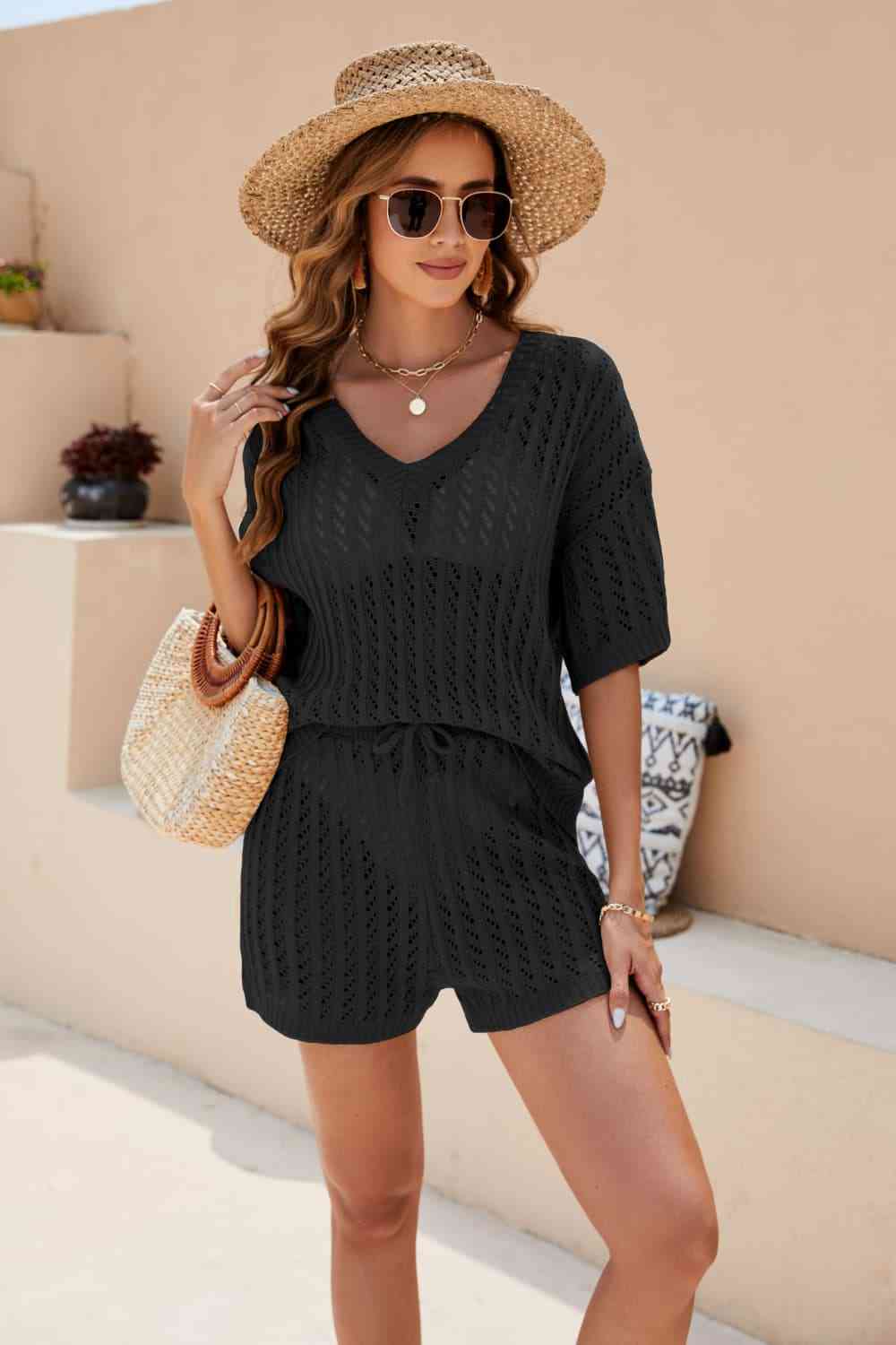 Openwork V-Neck Top and Shorts Set