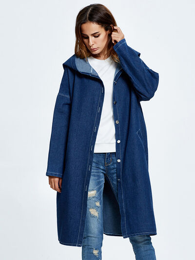 Button Up Dropped Shoulder Hooded Denim Top