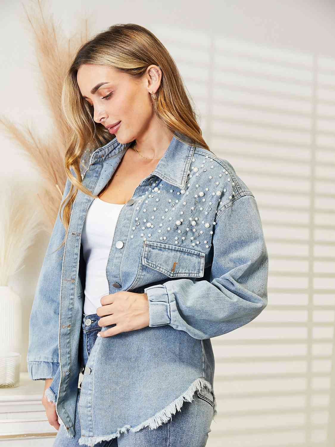 Collared Neck Raw Hem Dropped Shoulder Denim Jacket