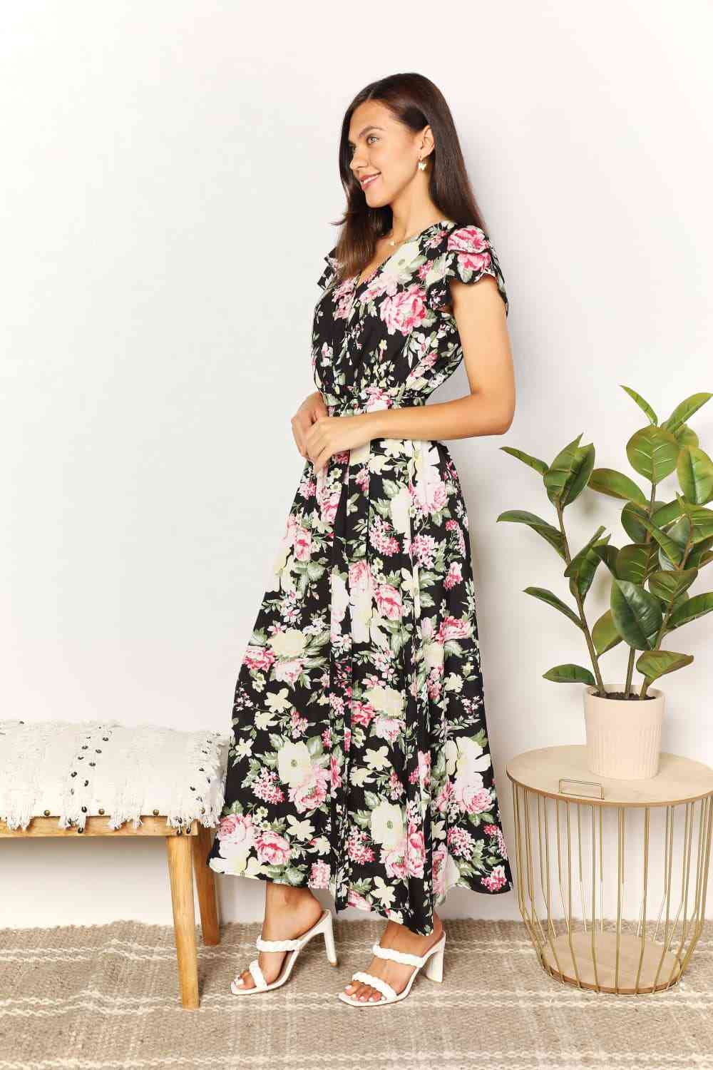 Floral Flutter Sleeve Tie-Waist Split Dress