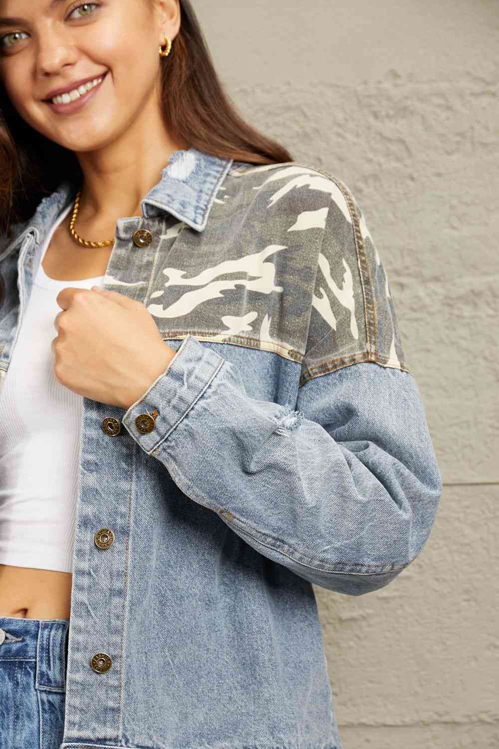 Washed Denim Camo Contrast Jacket