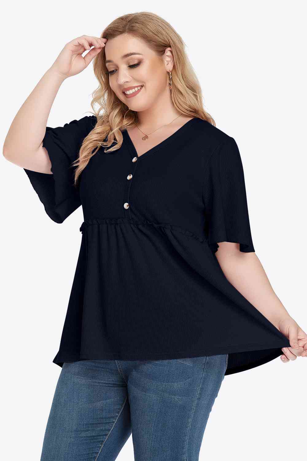 Plus Size Buttoned V-Neck Frill Trim Babydoll Blouse