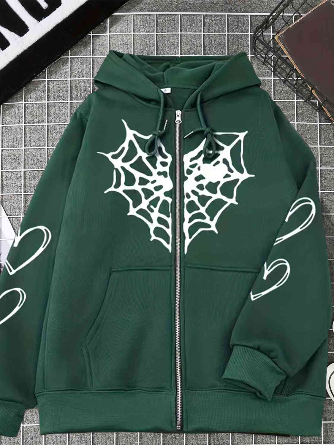 Spiderweb Graphic Drawstring Zip Up Hooded Jacket