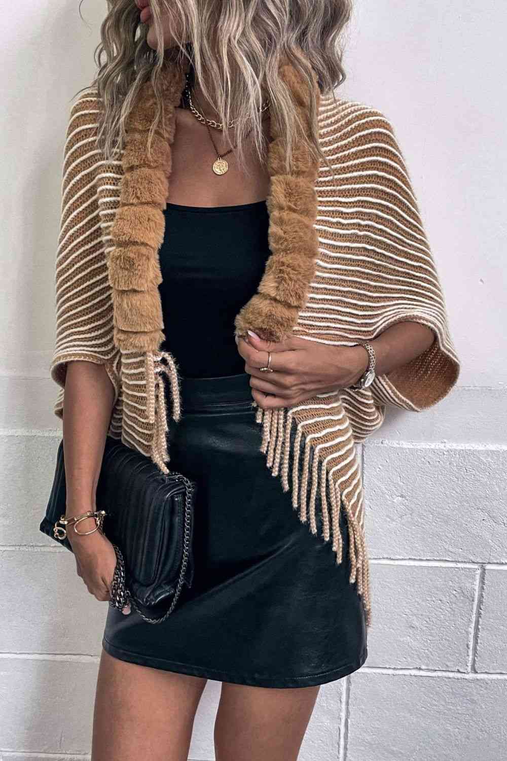 Striped Open Front Fringe Poncho