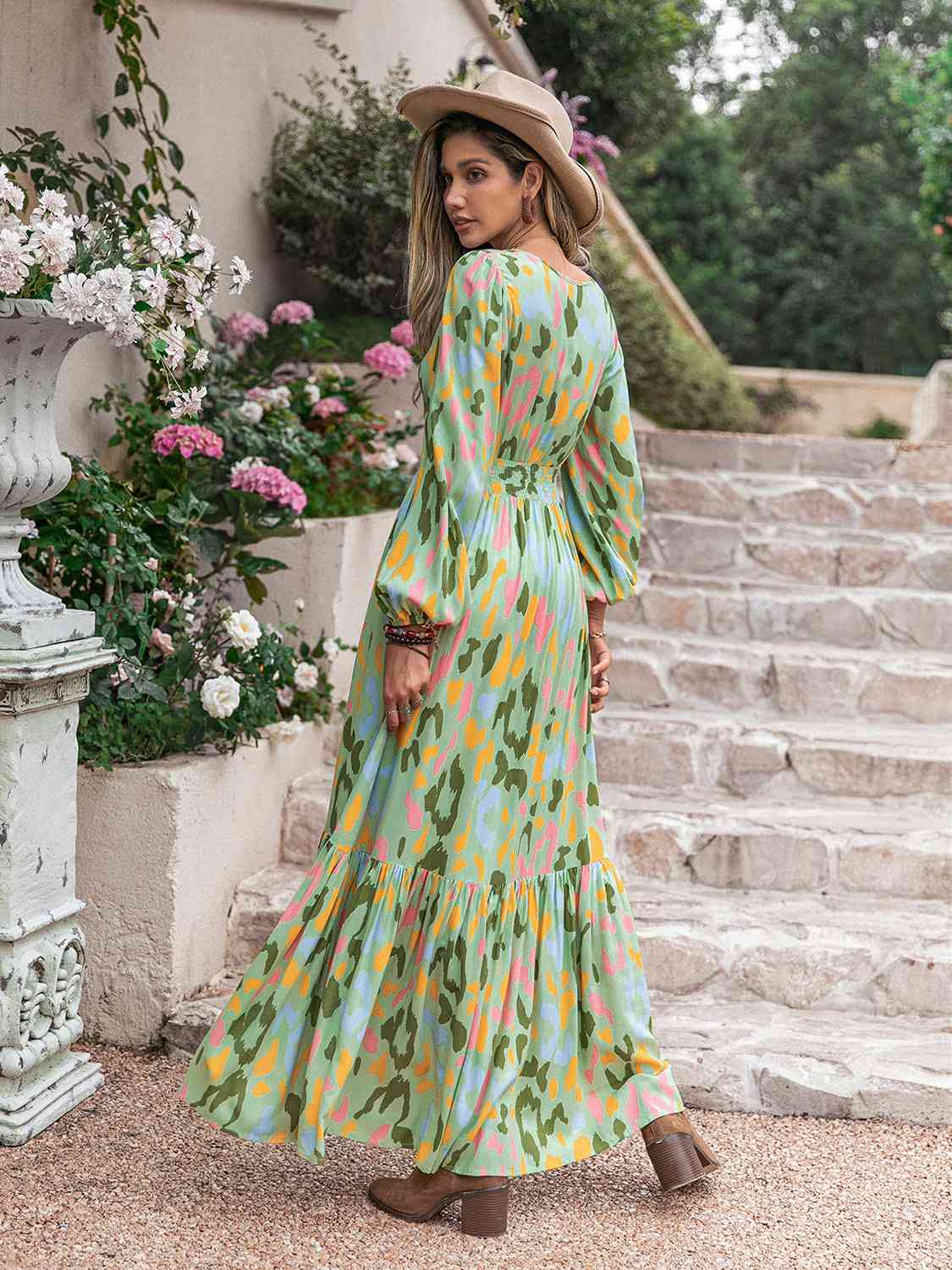 Printed Tie Neck Long Sleeve Maxi Dress