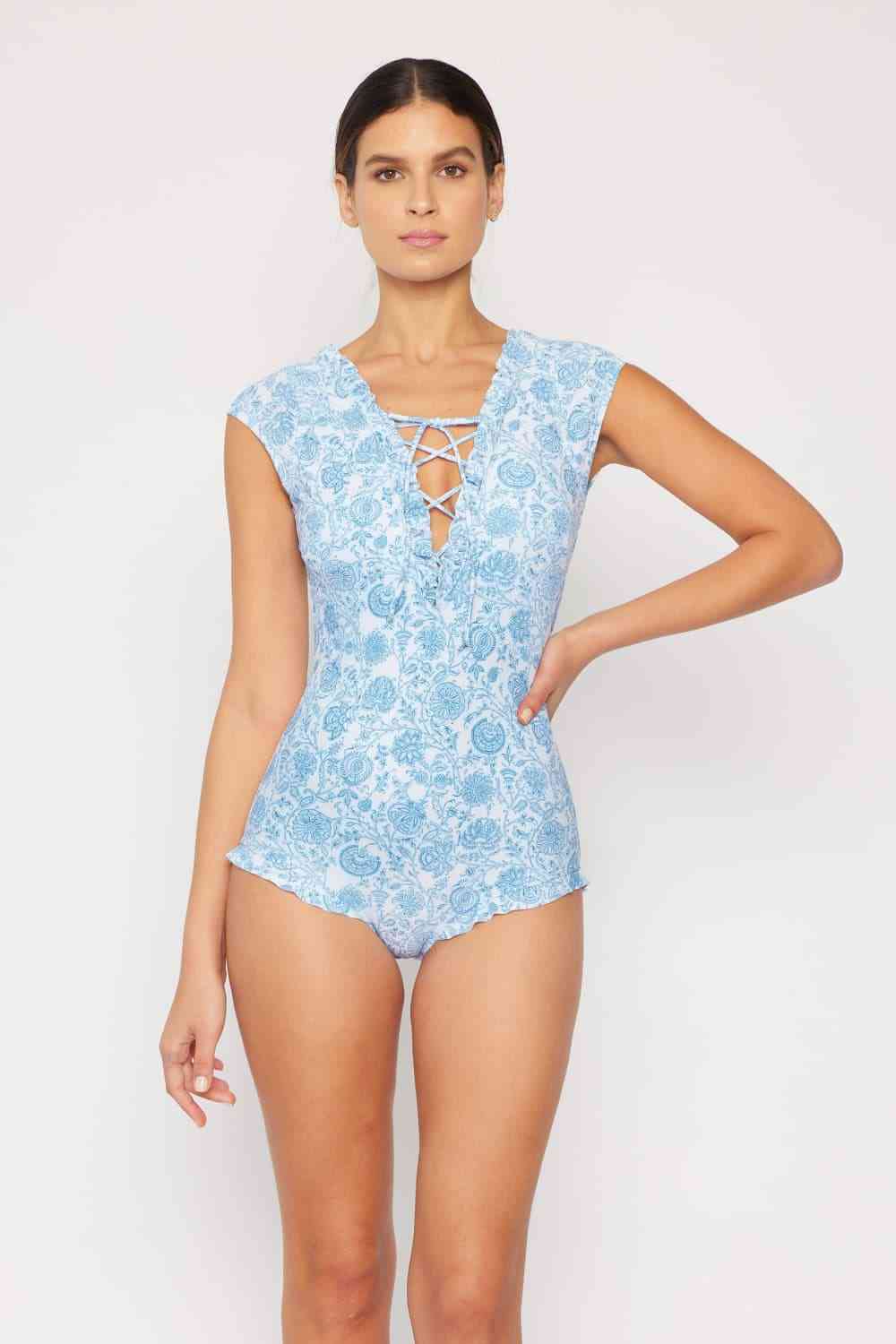 Bring Me Flowers V-Neck One Piece Swimsuit In Thistle Blue