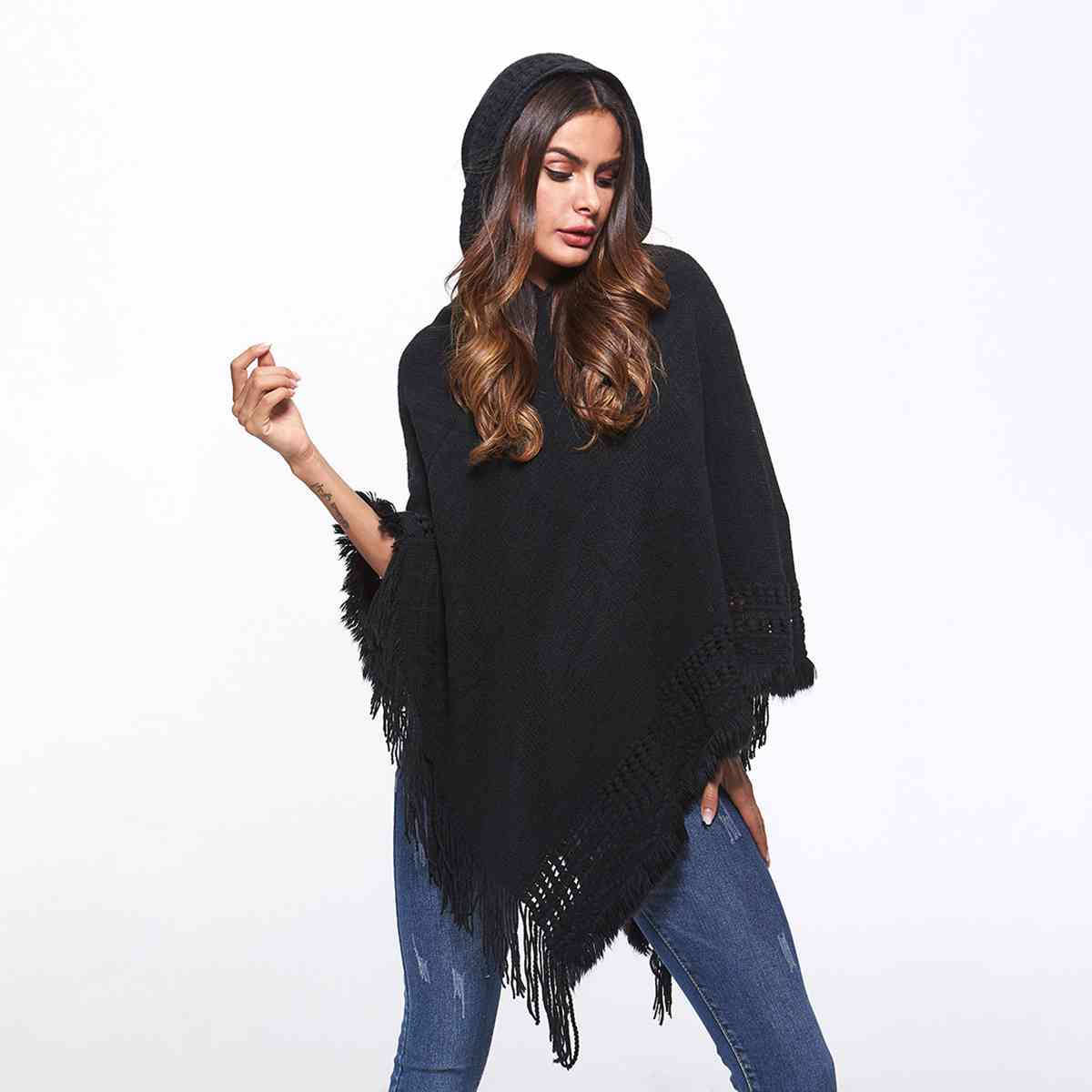 Openwork Fringe Hem Hooded Poncho