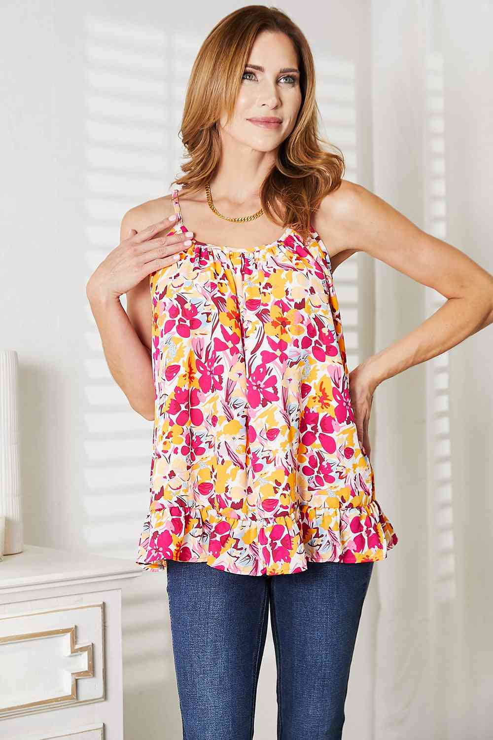 Floral Scoop Neck Ruffle Hem Cami