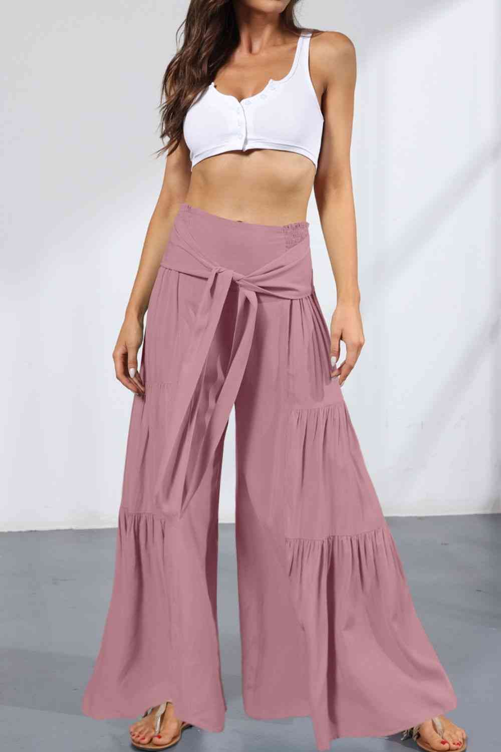 Tie Front Smocked Tiered Culottes