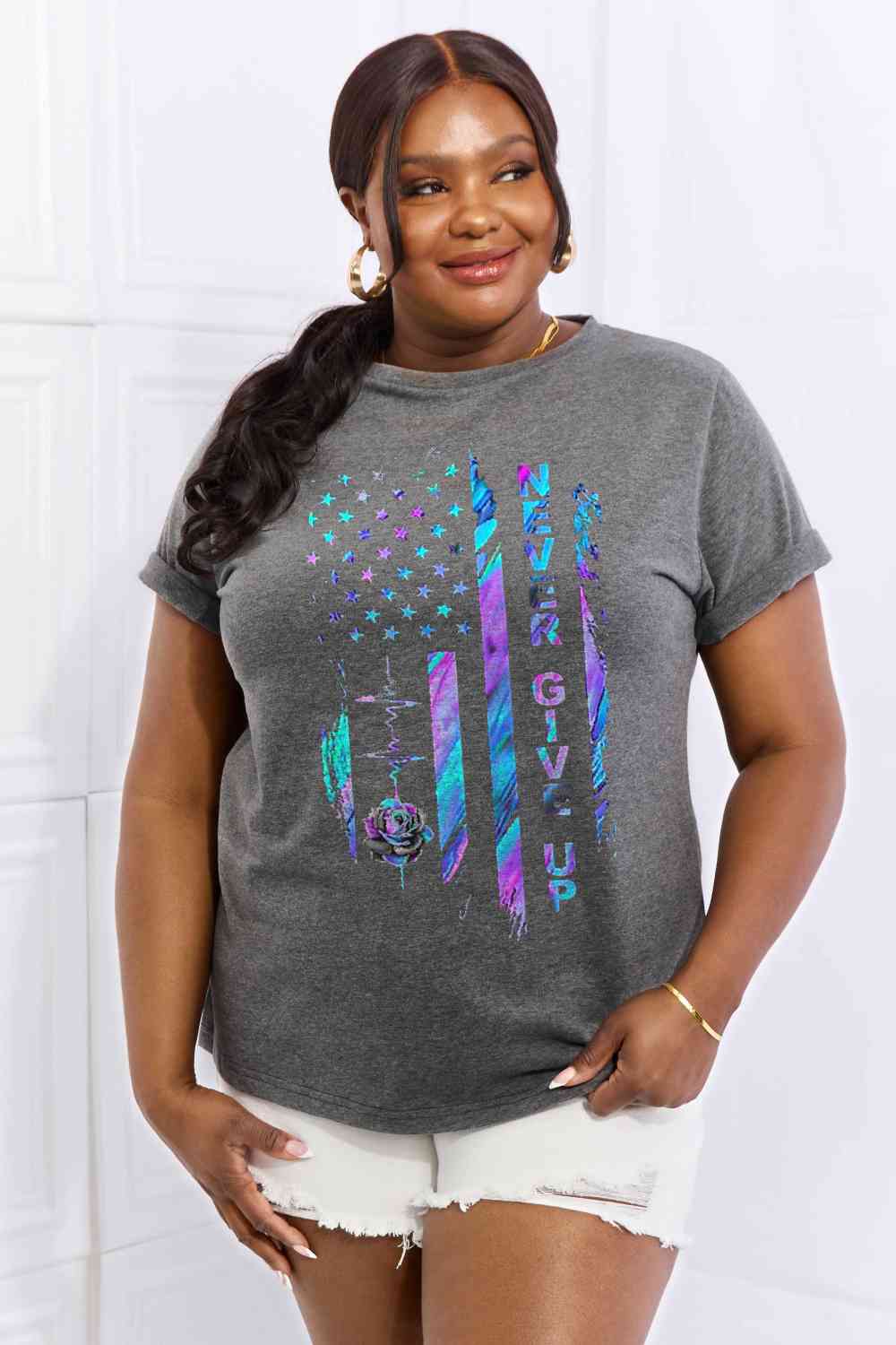 Simply Love Simply Love Full Size NEVER GIVE UP Graphic Cotton Tee