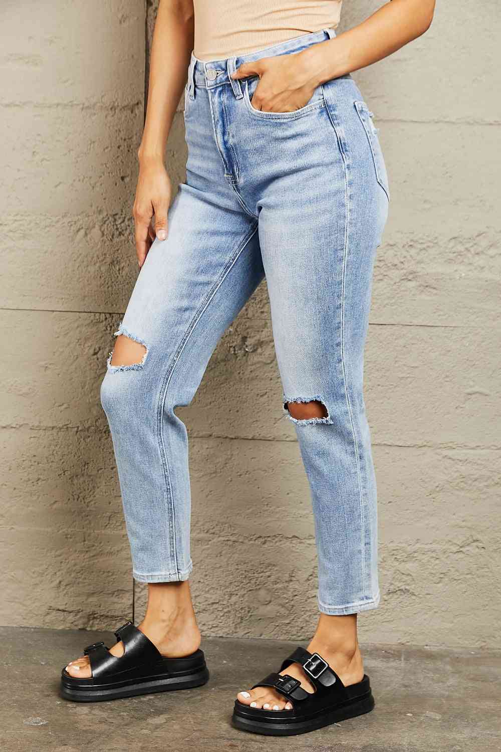 High Waisted Distressed Slim Cropped Jeans