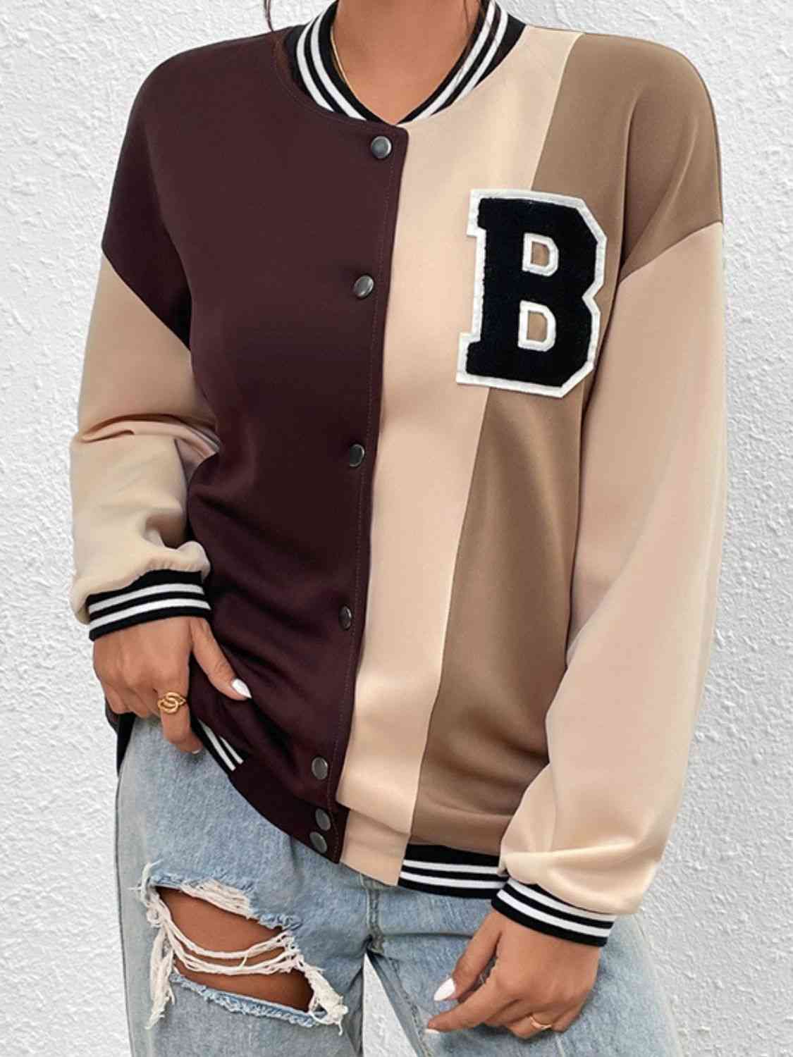 Graphic Color Block Snap Down Bomber Jacket