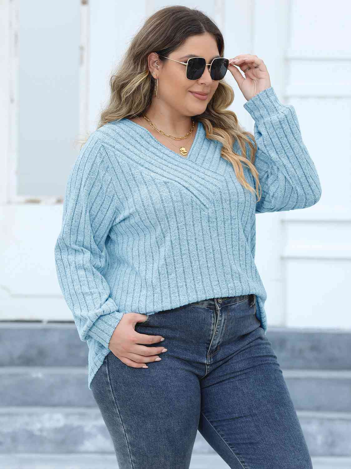 Plus Size Ribbed V-Neck Long Sleeve Top