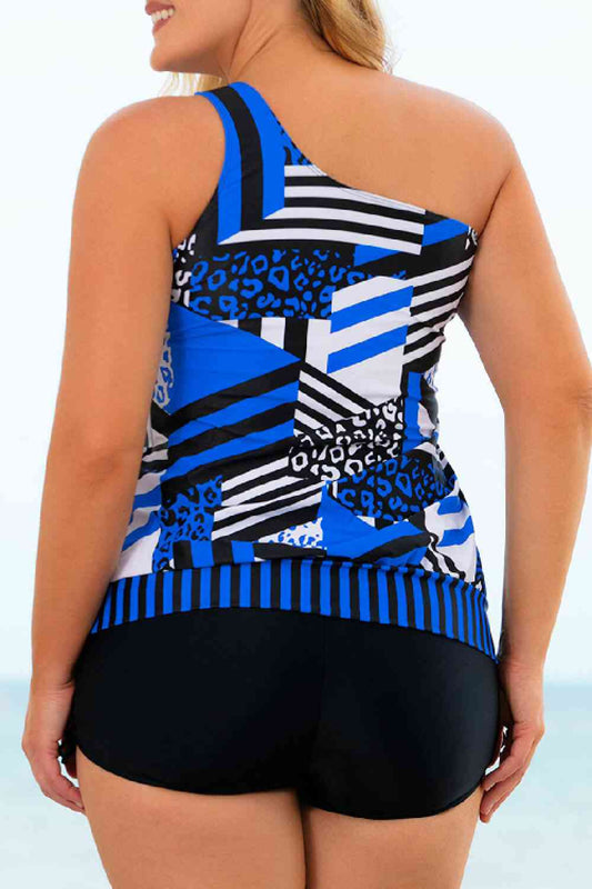 Plus Size Patchwork Tied One-Shoulder Tankini Set